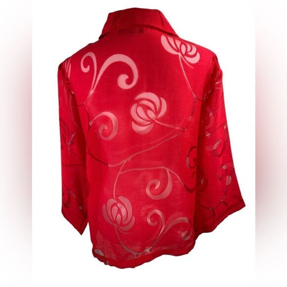 Kaktus 3/4 Sleeve Blouse Vibrant Red Sheer Button-Up Size XL - Picture 4 of 10